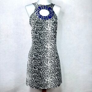 Cache Leopard Print Dress Women Small Black White Jeweled Halter Neck Excellent